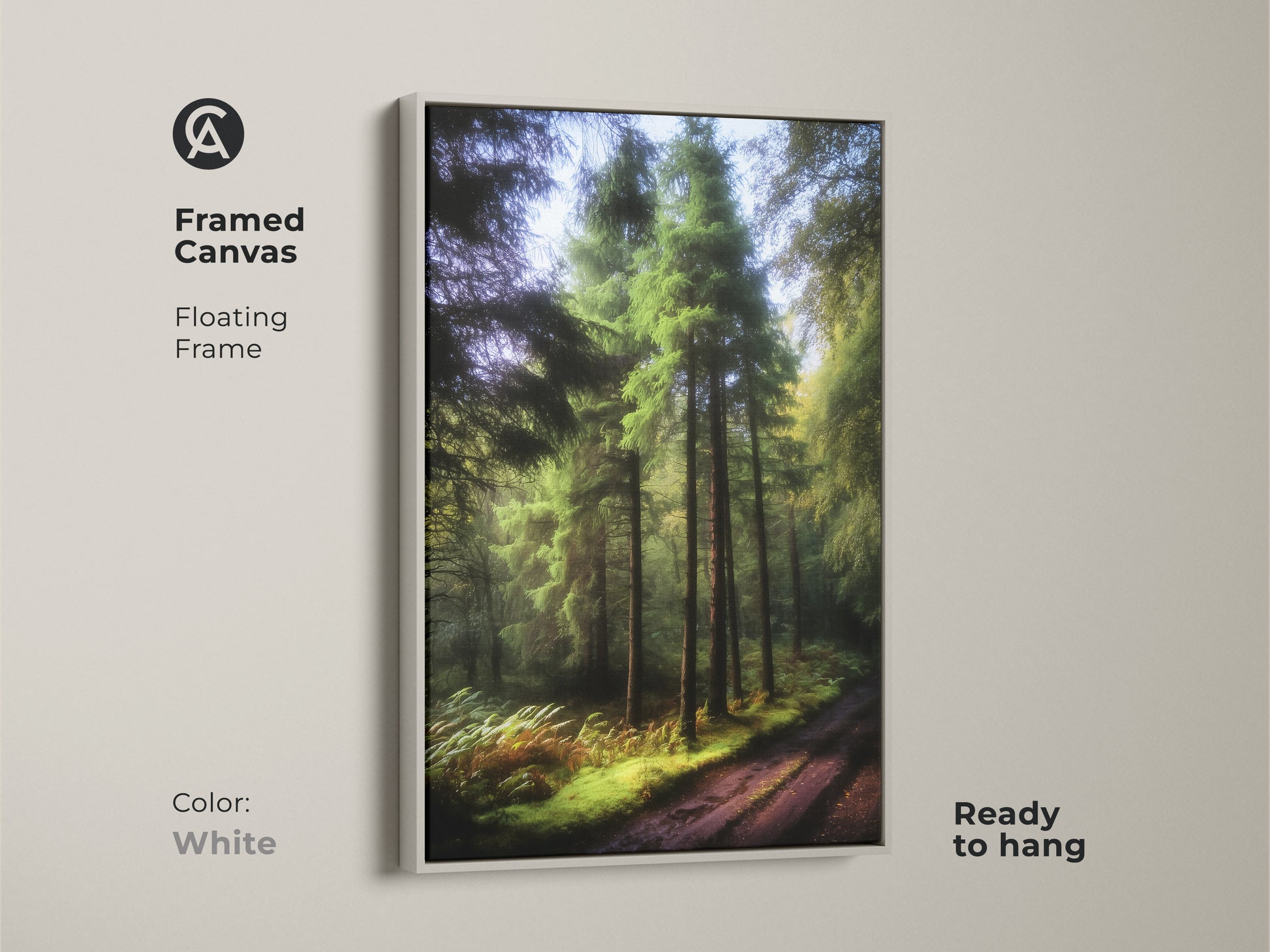 Framed canvas print of a forest path with emerald green pine trees. The white floating frame enhances this rustic landscape. Ready to hang nature artwork brings tranquility indoors. A perfect housewarming gift. Ideal for bedroom decor.
