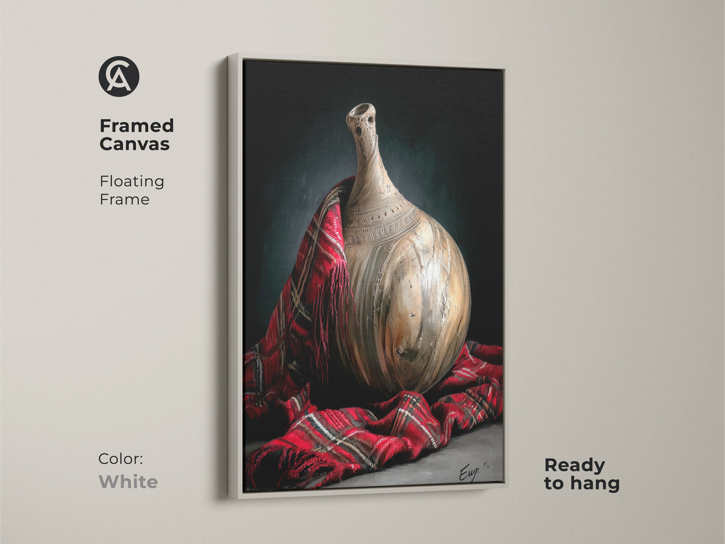 Realistic still life artwork with a pottery vase and red plaid fabric in a white floating frame. This traditional painting offers a cozy touch to any room great as home accent art for collectors ready to hang.