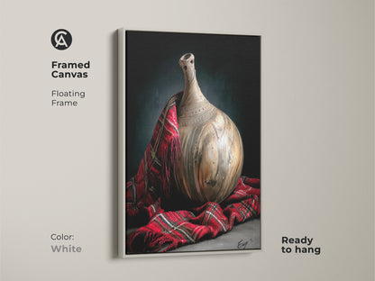 Realistic still life artwork with a pottery vase and red plaid fabric in a white floating frame. This traditional painting offers a cozy touch to any room great as home accent art for collectors ready to hang.