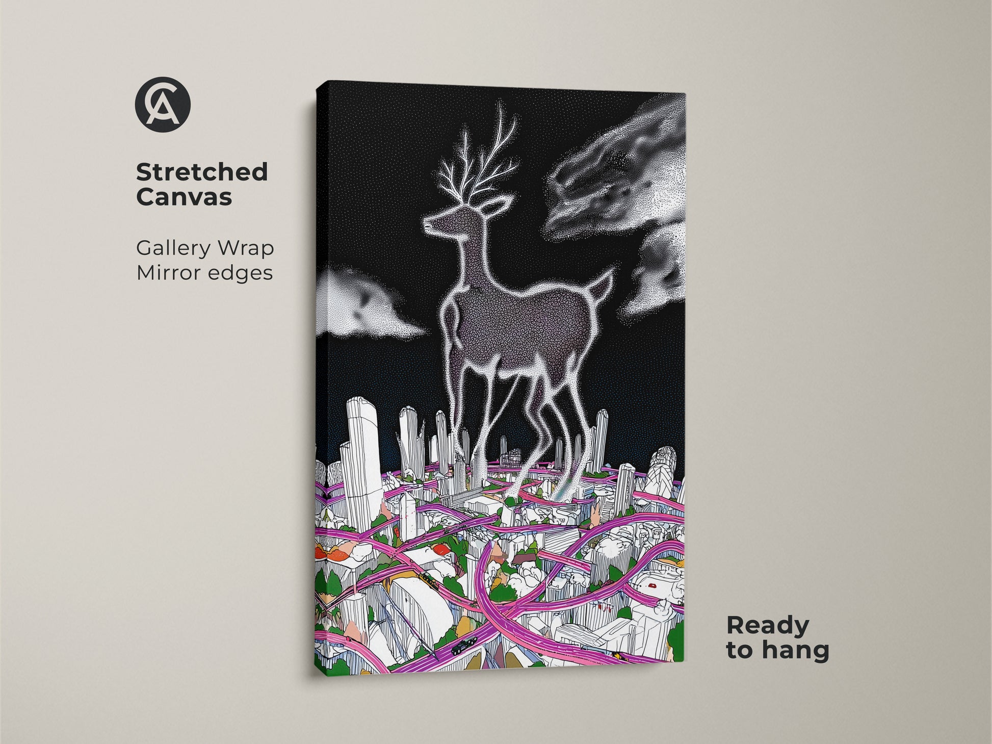 Stretched canvas print of a surreal deer cityscape art. The gallery wrap features mirror edges. This black and white with pink line art is ready to hang. It is perfect for modern home decor and animal lovers.