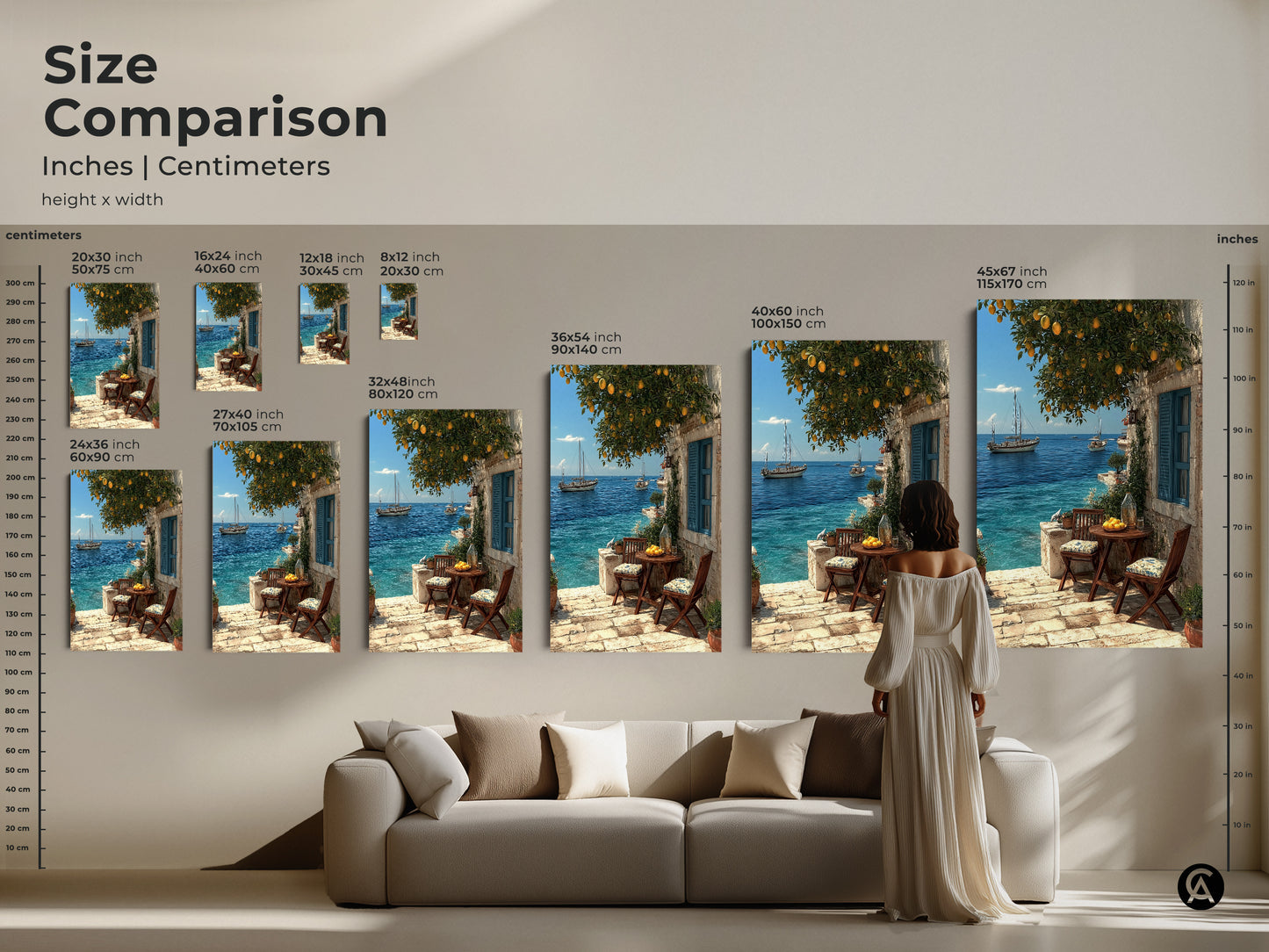 Compare sizes of Mediterranean coastal art prints with this visual guide. See how each size fits above a sofa. Options range from small to extra-large. Choose the perfect scale for your beach house decor. Find canvas and poster prints featuring sailboats and lemon trees. Ideal for any room.