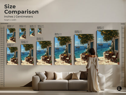 Compare sizes of Mediterranean coastal art prints with this visual guide. See how each size fits above a sofa. Options range from small to extra-large. Choose the perfect scale for your beach house decor. Find canvas and poster prints featuring sailboats and lemon trees. Ideal for any room.