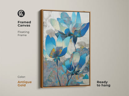 Antique gold framed canvas with a floating frame showcasing abstract blue floral artwork. Ready to hang this contemporary botanical print adds a touch of sophistication. Perfect housewarming gift.