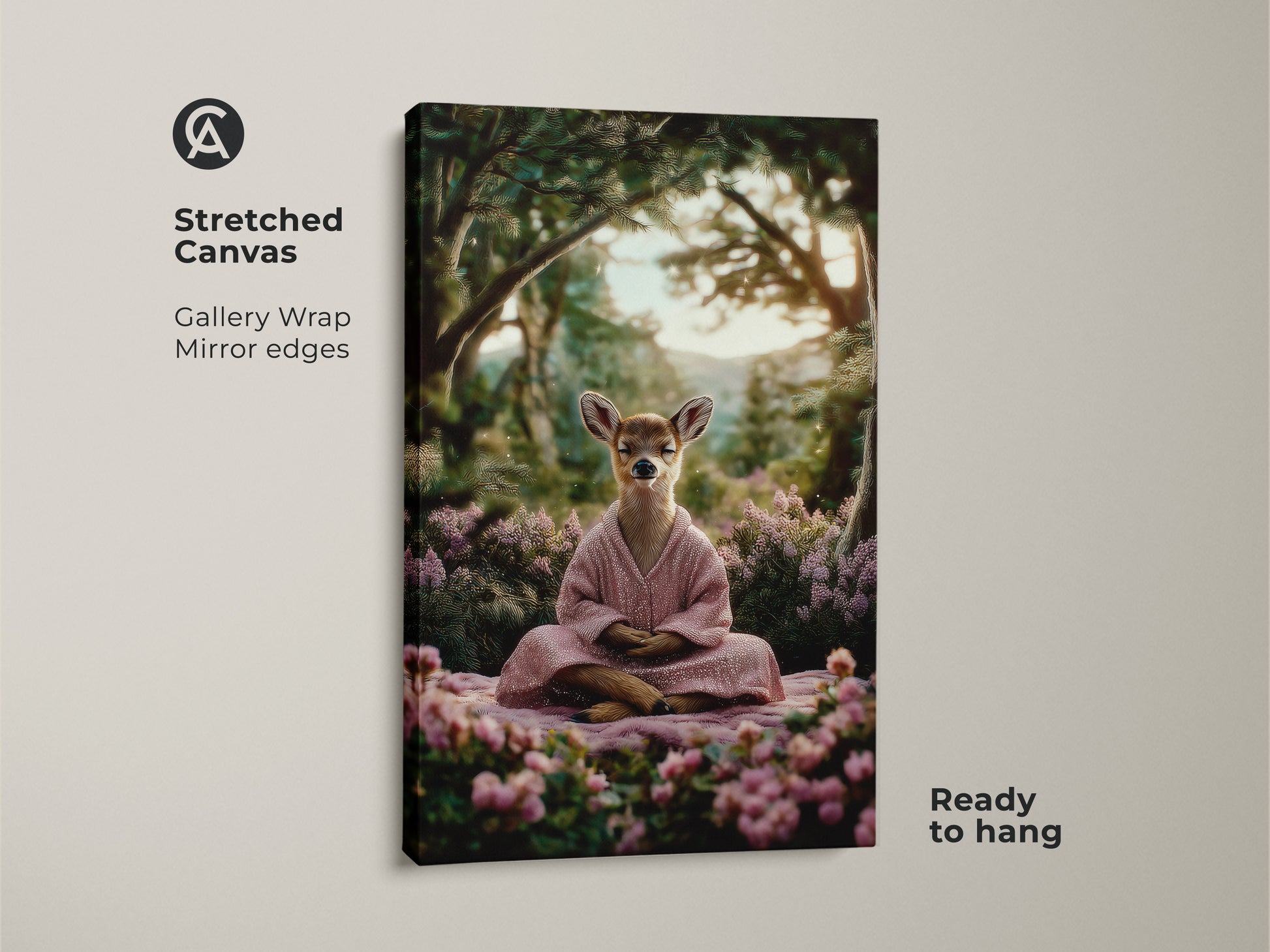 Close-up of a spiritual nature canvas featuring a meditating deer. This boho forest animal wall art is stretched and ready to hang. The gallery wrap with mirrored edges enhances the calming Zen woodland creature art aesthetic.