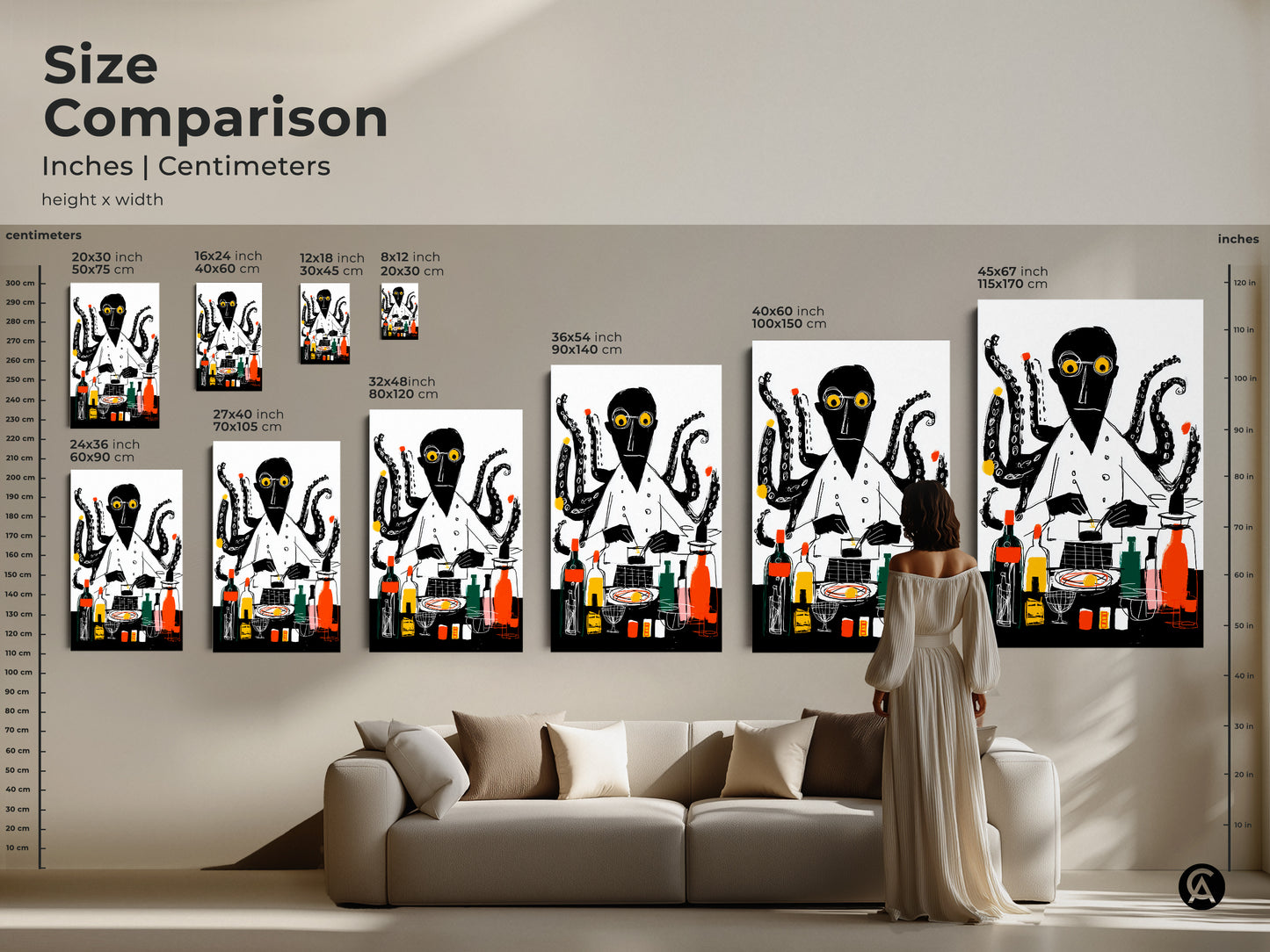 Size comparison of octopus chef canvas prints. Various sizes in inches and centimeters. See eclectic black white and yellow wall art in 16x24 to 45x67 inch dimensions for kitchen bar or home.