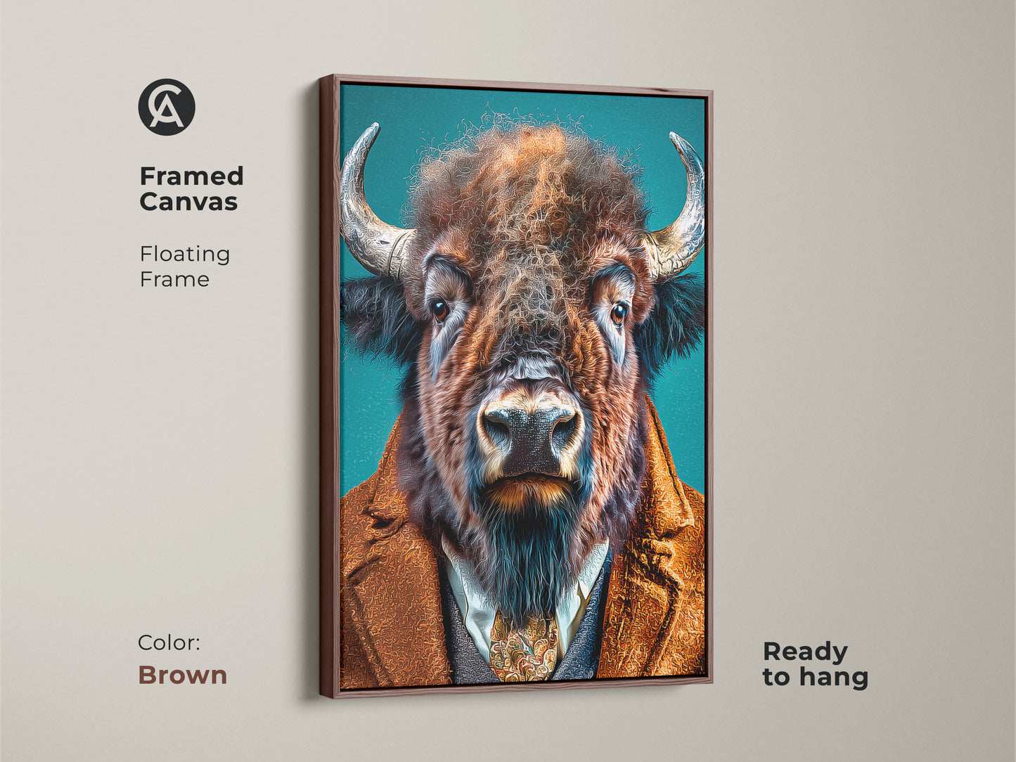 Framed canvas artwork of a buffalo in a suit with a brown floating frame. This animal art piece is ready to hang. It brings a touch of elegance and charm to any room. The floating frame enhances the artwork's rustic appeal.