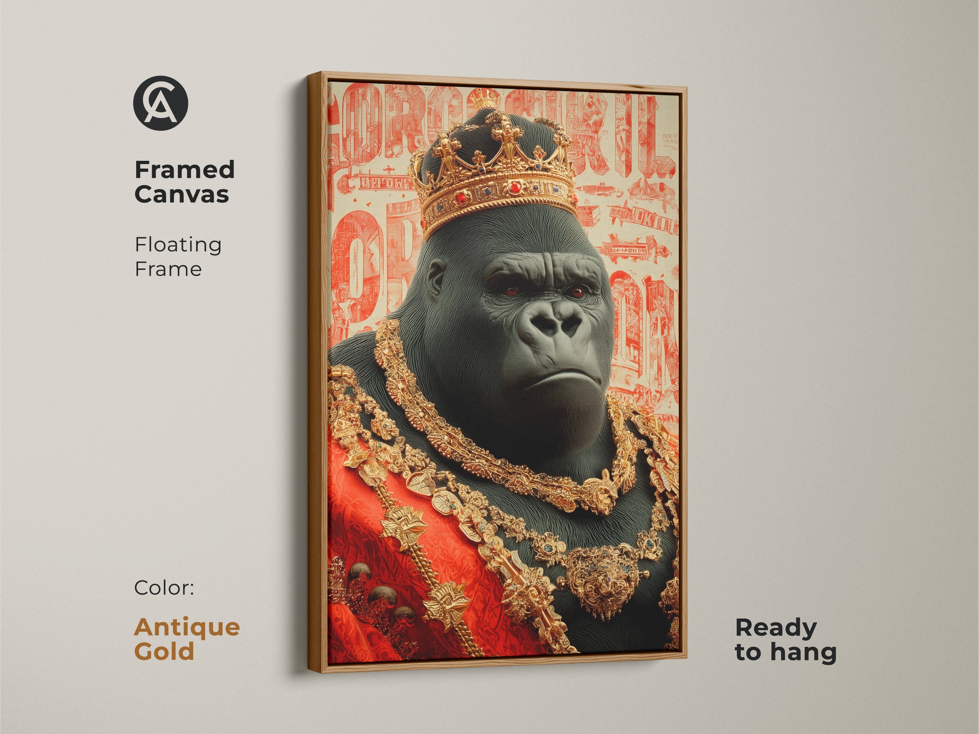 Framed canvas presenting the majestic gorilla king art print with an antique gold floating frame. This crowned animal art is a luxurious and eclectic home decor choice. Ready to hang it brings sophistication to study or office. This black and gold art is an ideal gift for animal lovers.