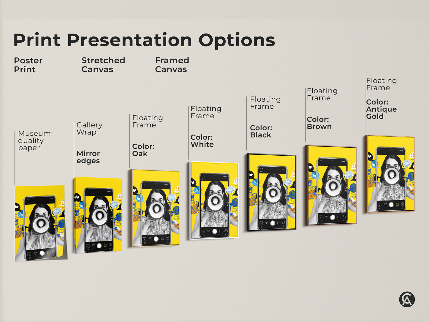 Explore print presentation options for the social media megaphone collage artwork. Choose from poster print stretched canvas and framed canvas. Each option enhances the art's contemporary style. Select the perfect format to complement your office decor. Great as a gift for marketing professionals.