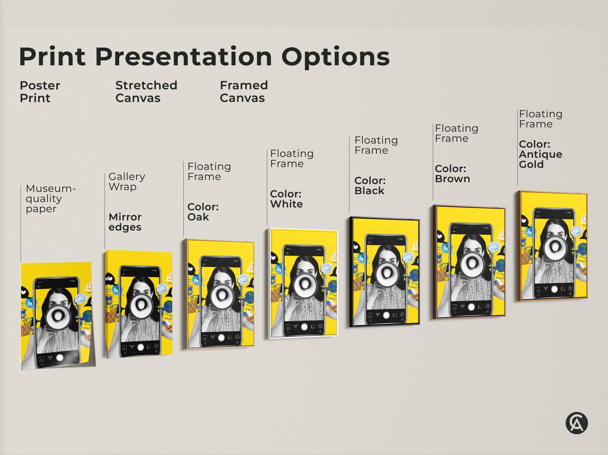 Explore print presentation options for the social media megaphone collage artwork. Choose from poster print stretched canvas and framed canvas. Each option enhances the art's contemporary style. Select the perfect format to complement your office decor. Great as a gift for marketing professionals.