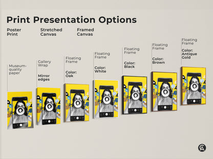 Explore print presentation options for the social media megaphone collage artwork. Choose from poster print stretched canvas and framed canvas. Each option enhances the art's contemporary style. Select the perfect format to complement your office decor. Great as a gift for marketing professionals.