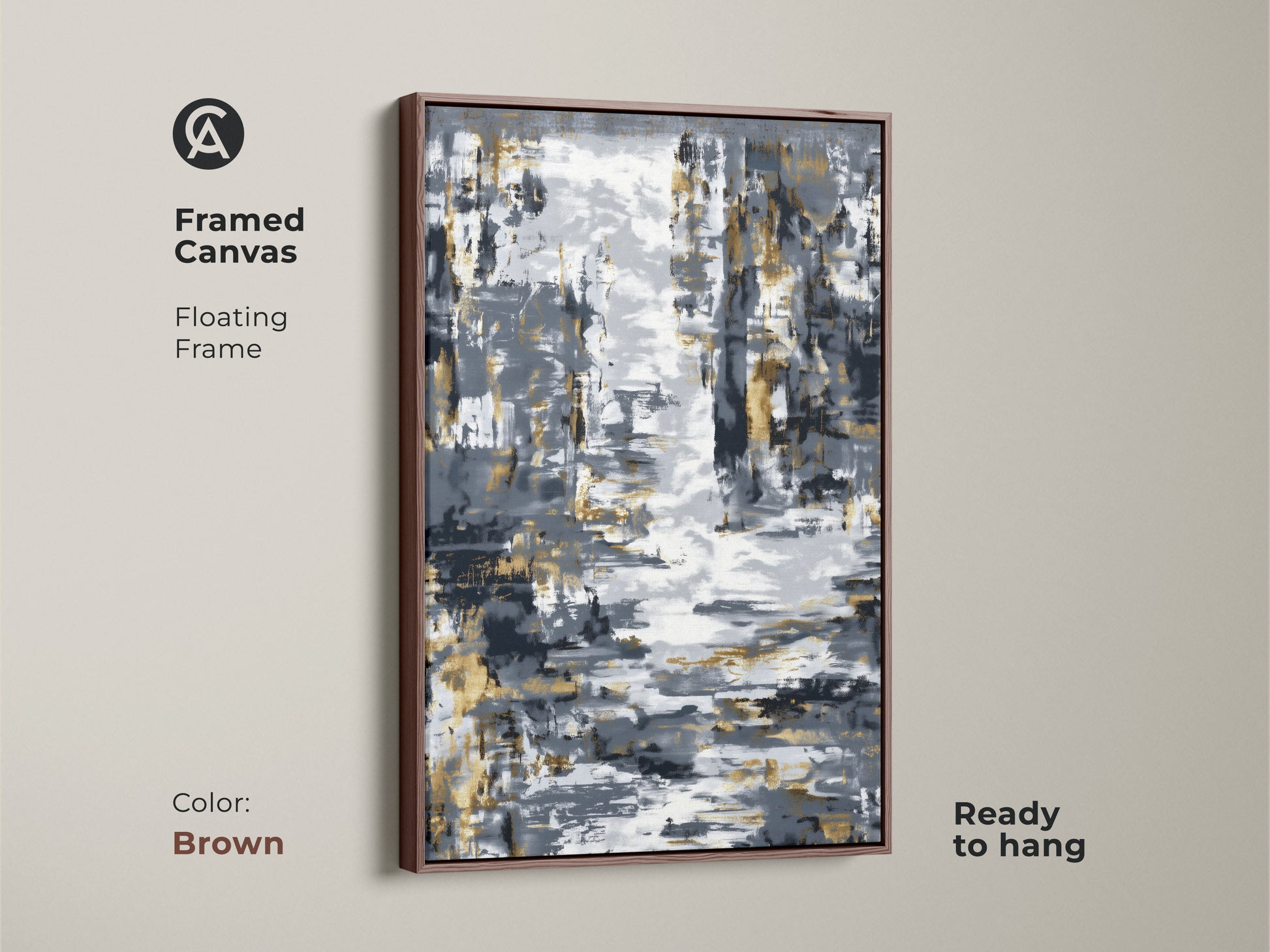 Framed canvas displaying abstract expressionism artwork in charcoal and gold with a brown floating frame. This textured brushstroke art is ready to hang. Enhances sophisticated home decor. Perfect as contemporary abstract print art.