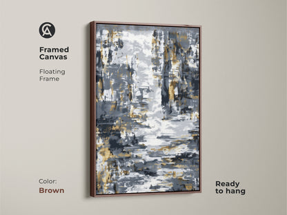 Framed canvas displaying abstract expressionism artwork in charcoal and gold with a brown floating frame. This textured brushstroke art is ready to hang. Enhances sophisticated home decor. Perfect as contemporary abstract print art.