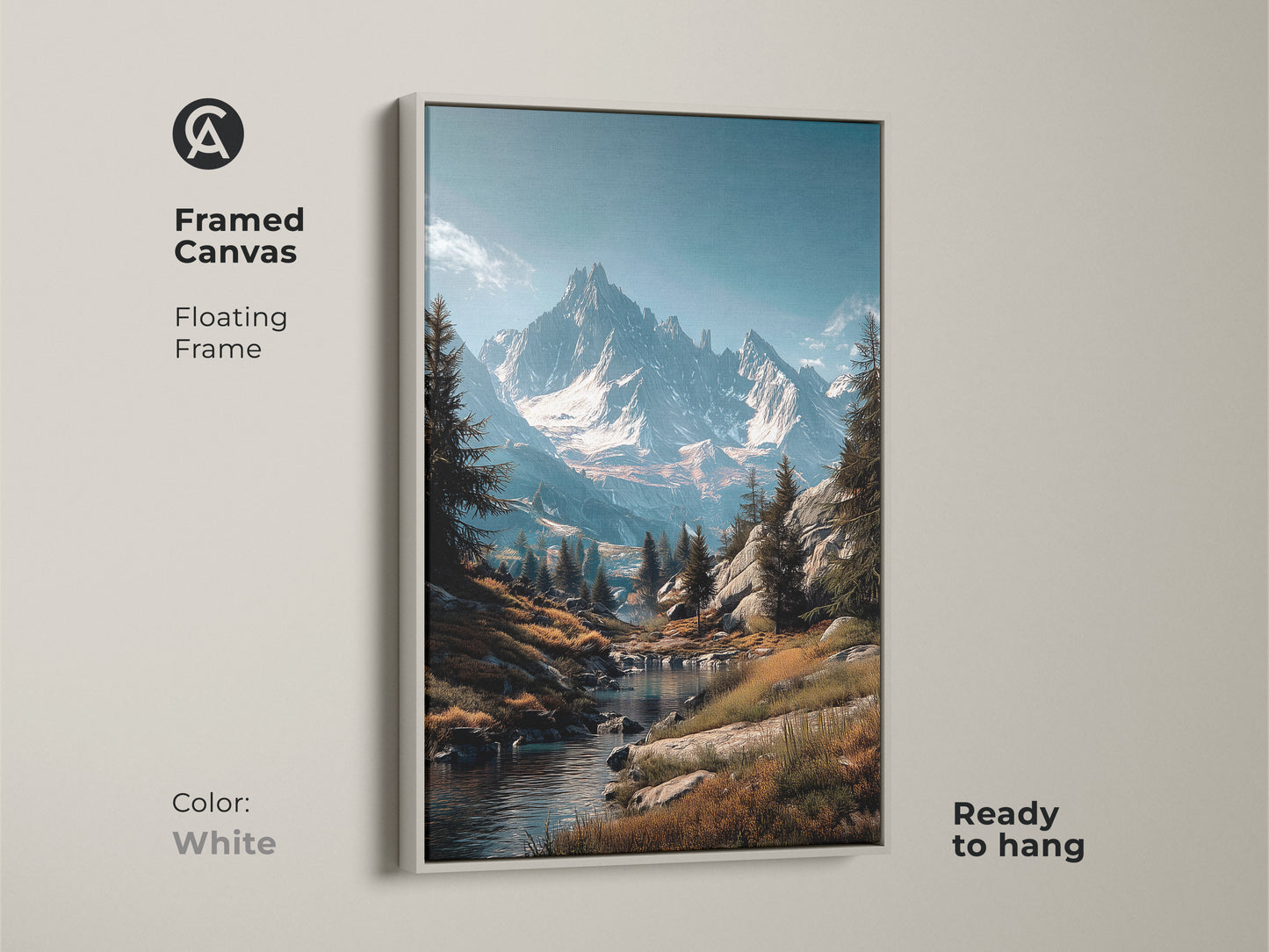 Framed canvas art presenting a pristine mountain scene. The floating frame in white offers a clean modern look. This ready-to-hang piece brightens any space. The river flows gently through the valley. Bring this art into your home today.