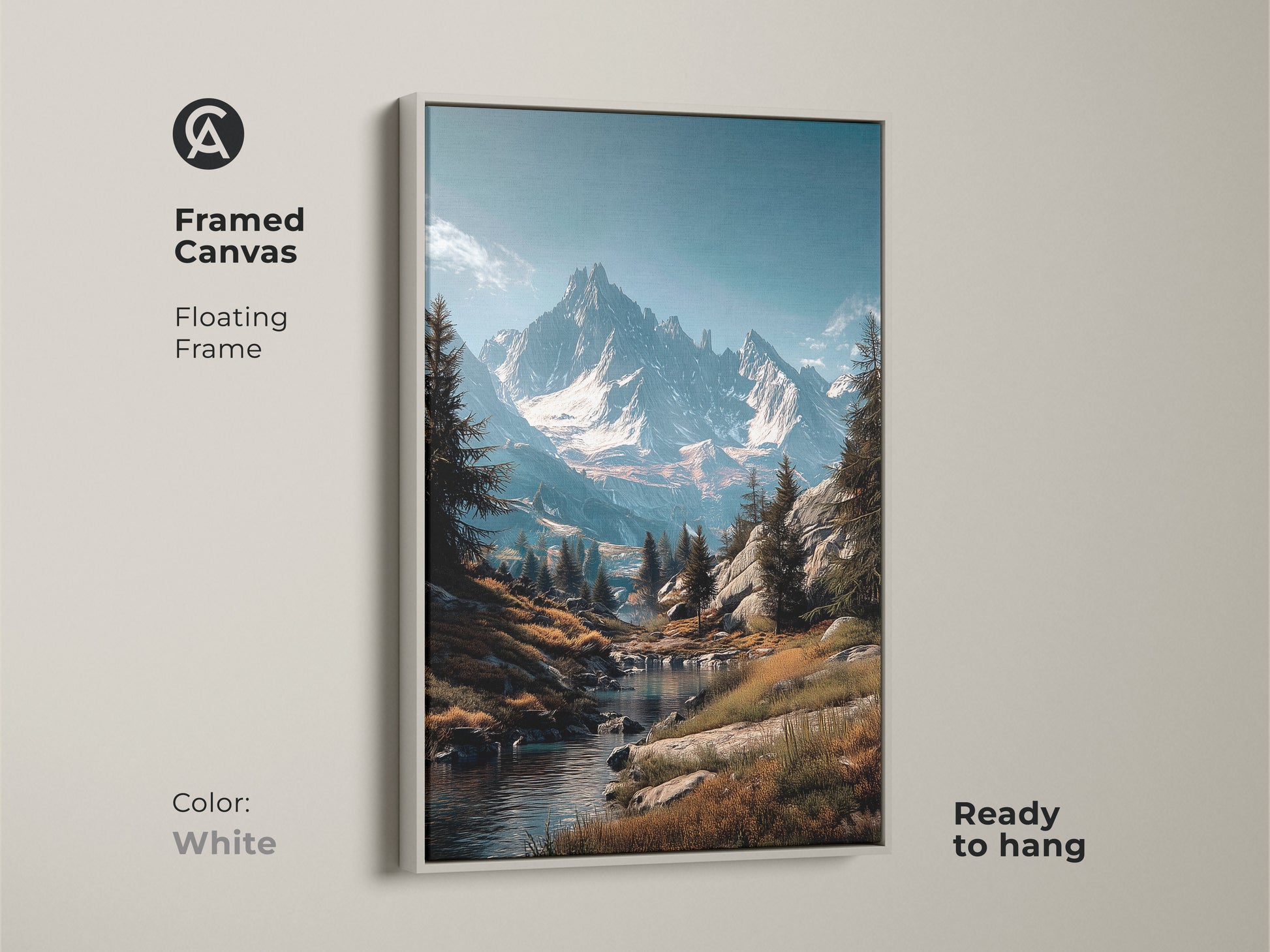 Framed canvas art presenting a pristine mountain scene. The floating frame in white offers a clean modern look. This ready-to-hang piece brightens any space. The river flows gently through the valley. Bring this art into your home today.