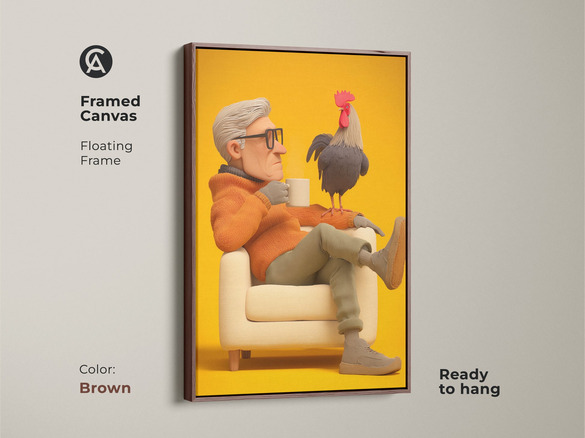 Framed canvas with a brown floating frame showing a man and rooster artwork. A unique home office decor piece. This art is ready to hang. The beige and orange tones create a warm eclectic vibe. A great gift for grandfather or animal lover.
