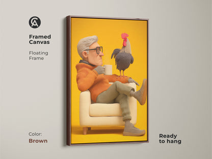Framed canvas with a brown floating frame showing a man and rooster artwork. A unique home office decor piece. This art is ready to hang. The beige and orange tones create a warm eclectic vibe. A great gift for grandfather or animal lover.