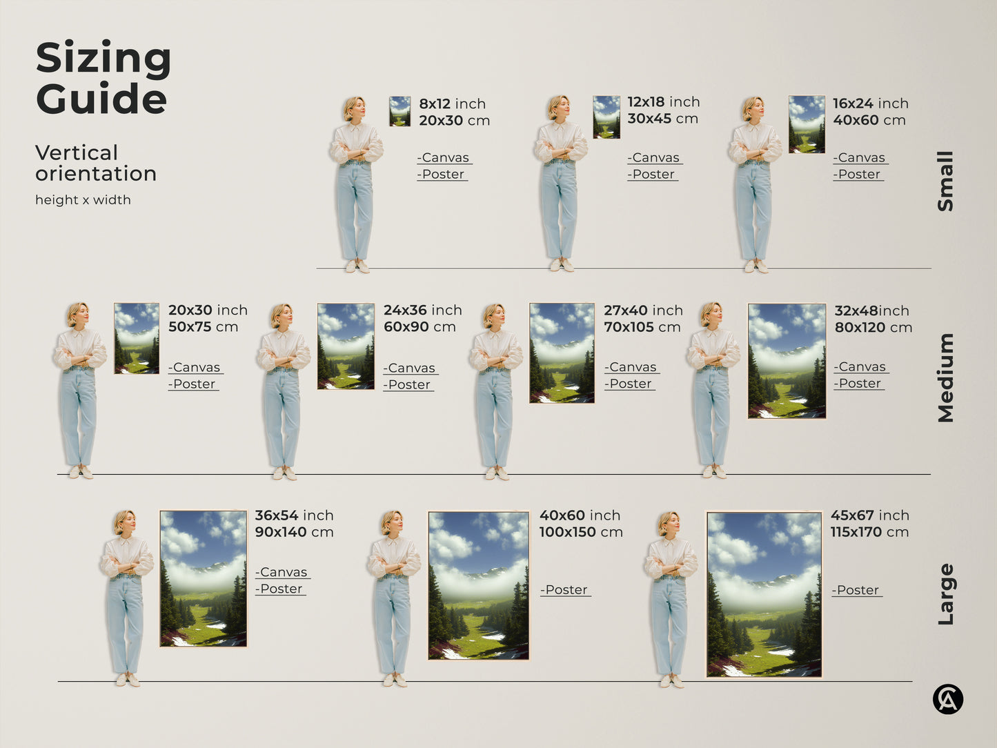 Sizing guide for vertical orientation of a nature wall artwork. Available in small medium and large sizes for canvas and poster prints. Find the perfect fit for your modern farmhouse landscape.
