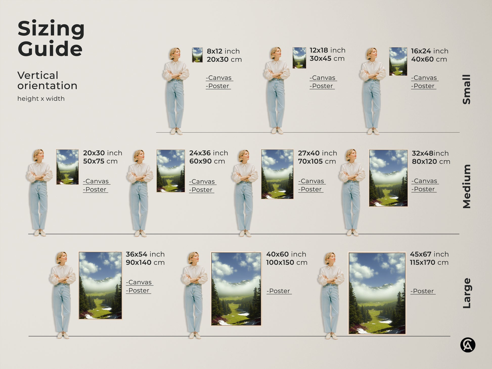 Sizing guide for vertical orientation of a nature wall artwork. Available in small medium and large sizes for canvas and poster prints. Find the perfect fit for your modern farmhouse landscape.