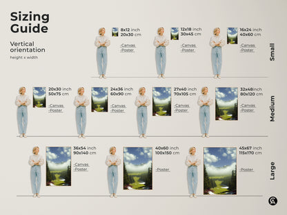 Sizing guide for vertical orientation of a nature wall artwork. Available in small medium and large sizes for canvas and poster prints. Find the perfect fit for your modern farmhouse landscape.