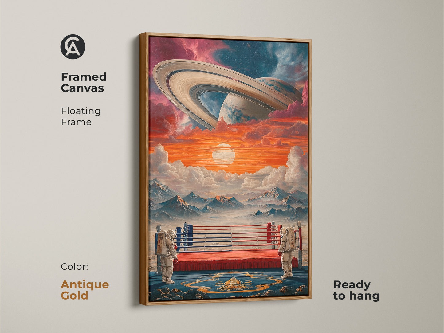 Framed canvas sci-fi art of an astronaut boxing ring and Saturn planet. The antique gold floating frame adds to the eclectic celestial artwork. It's a unique space gift that is ready to hang.