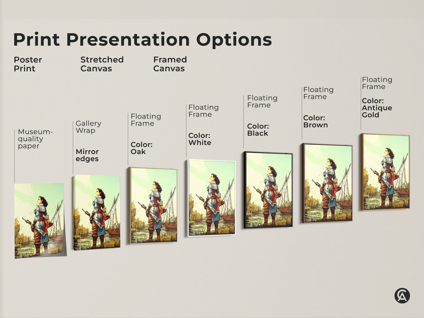 Print Presentation Options: Poster Print Stretched Canvas and Framed Canvas. All of a Female Pirate Captain with Sailing Ship. Featuring museum-quality paper gallery wrap mirror edges and floating frames in oak white black brown and antique gold.