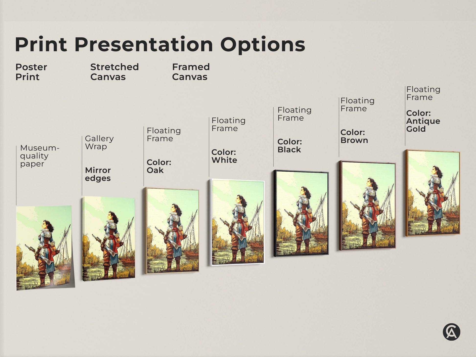 Print Presentation Options: Poster Print Stretched Canvas and Framed Canvas. All of a Female Pirate Captain with Sailing Ship. Featuring museum-quality paper gallery wrap mirror edges and floating frames in oak white black brown and antique gold.