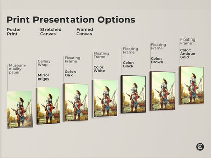 Print Presentation Options: Poster Print Stretched Canvas and Framed Canvas. All of a Female Pirate Captain with Sailing Ship. Featuring museum-quality paper gallery wrap mirror edges and floating frames in oak white black brown and antique gold.