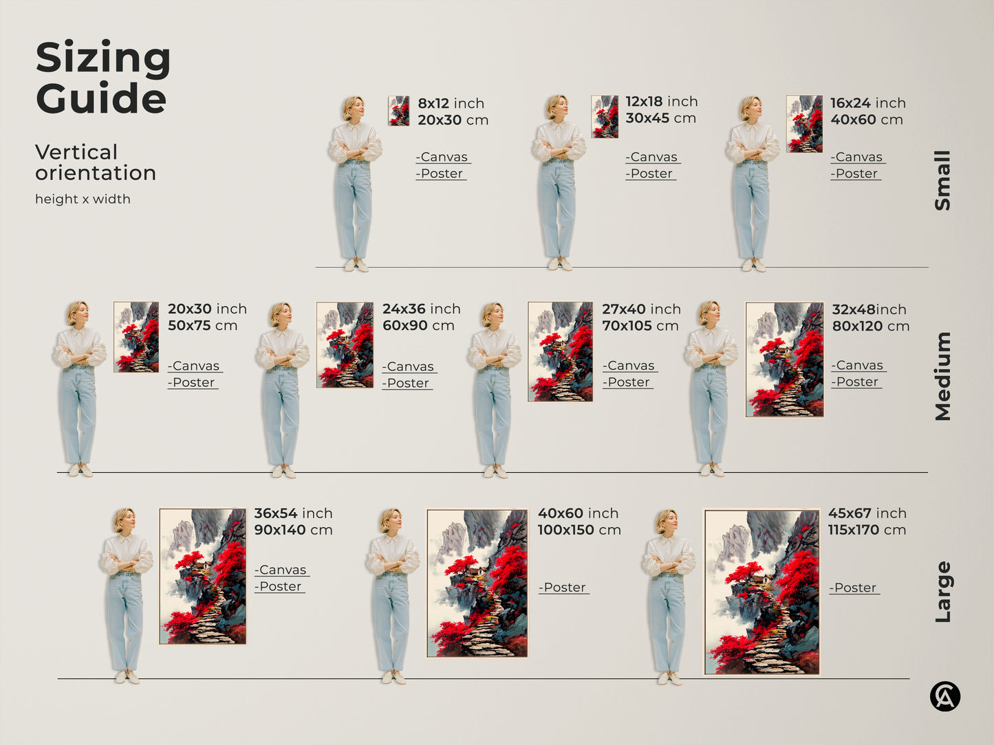 Sizing guide for the red mountain pagoda art print. See how the canvas and poster options look in various vertical sizes. This traditional Asian landscape adds elegance to any space. The Japandi style is a perfect housewarming gift.