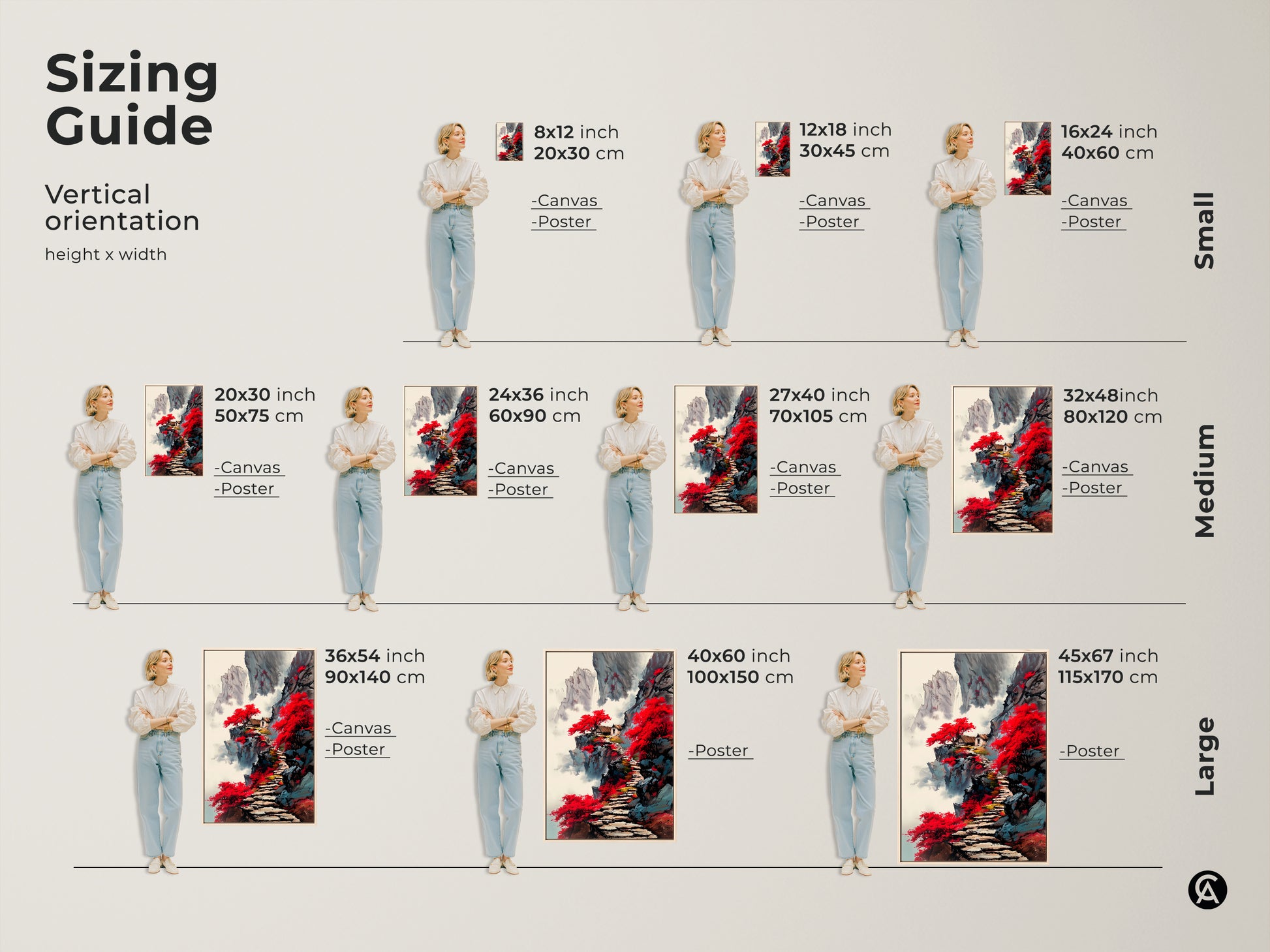 Sizing guide for the red mountain pagoda art print. See how the canvas and poster options look in various vertical sizes. This traditional Asian landscape adds elegance to any space. The Japandi style is a perfect housewarming gift.