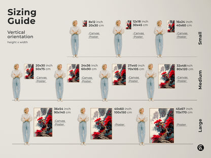 Sizing guide for the red mountain pagoda art print. See how the canvas and poster options look in various vertical sizes. This traditional Asian landscape adds elegance to any space. The Japandi style is a perfect housewarming gift.
