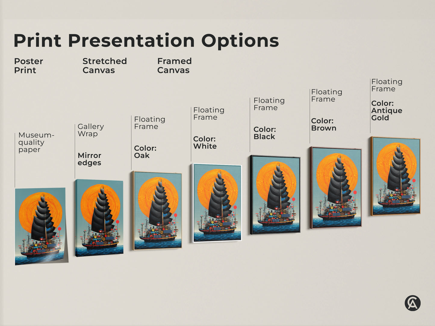 Print presentation options for steampunk ship artwork. Choose from poster prints stretched canvas or framed canvas. Colors include oak white black brown and antique gold.