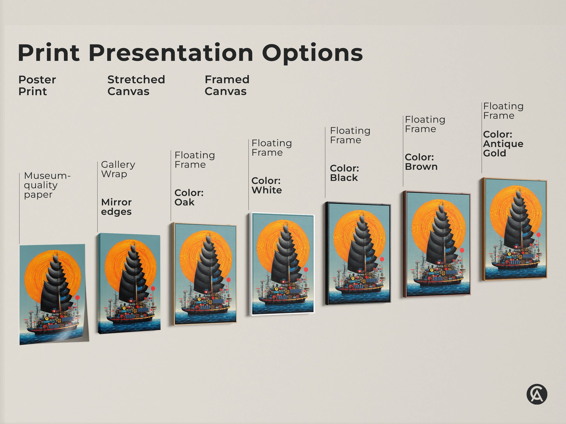 Print presentation options for steampunk ship artwork. Choose from poster prints stretched canvas or framed canvas. Colors include oak white black brown and antique gold.