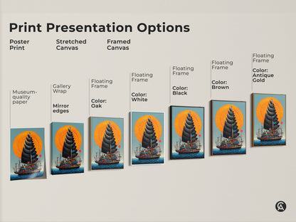 Print presentation options for steampunk ship artwork. Choose from poster prints stretched canvas or framed canvas. Colors include oak white black brown and antique gold.