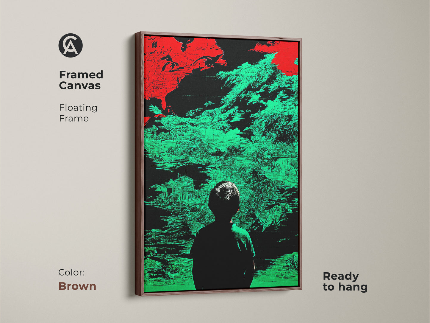 Framed canvas of surreal abstract map wall art with a glitch art style and a child silhouette. The red and green landscape is ready to hang with a brown floating frame. Ideal for an eclectic study room or modern office decor. This conceptual figurative art is a unique housewarming present.