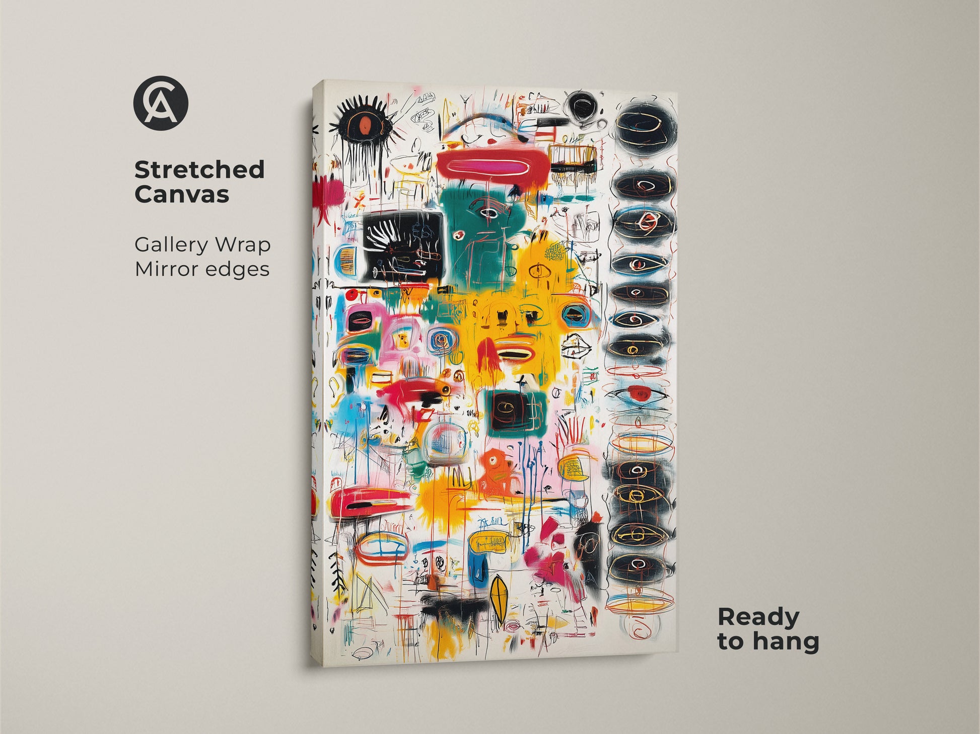 Elevate your space with this vibrant abstract art on stretched canvas. The gallery wrap offers a clean modern look with mirror edges. It comes ready to hang adding an instant pop of color and intrigue to any room.