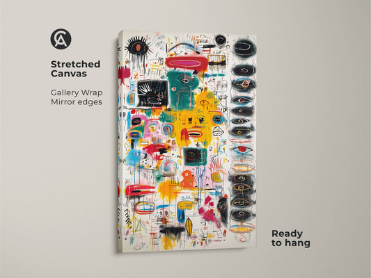 Elevate your space with this vibrant abstract art on stretched canvas. The gallery wrap offers a clean modern look with mirror edges. It comes ready to hang adding an instant pop of color and intrigue to any room.
