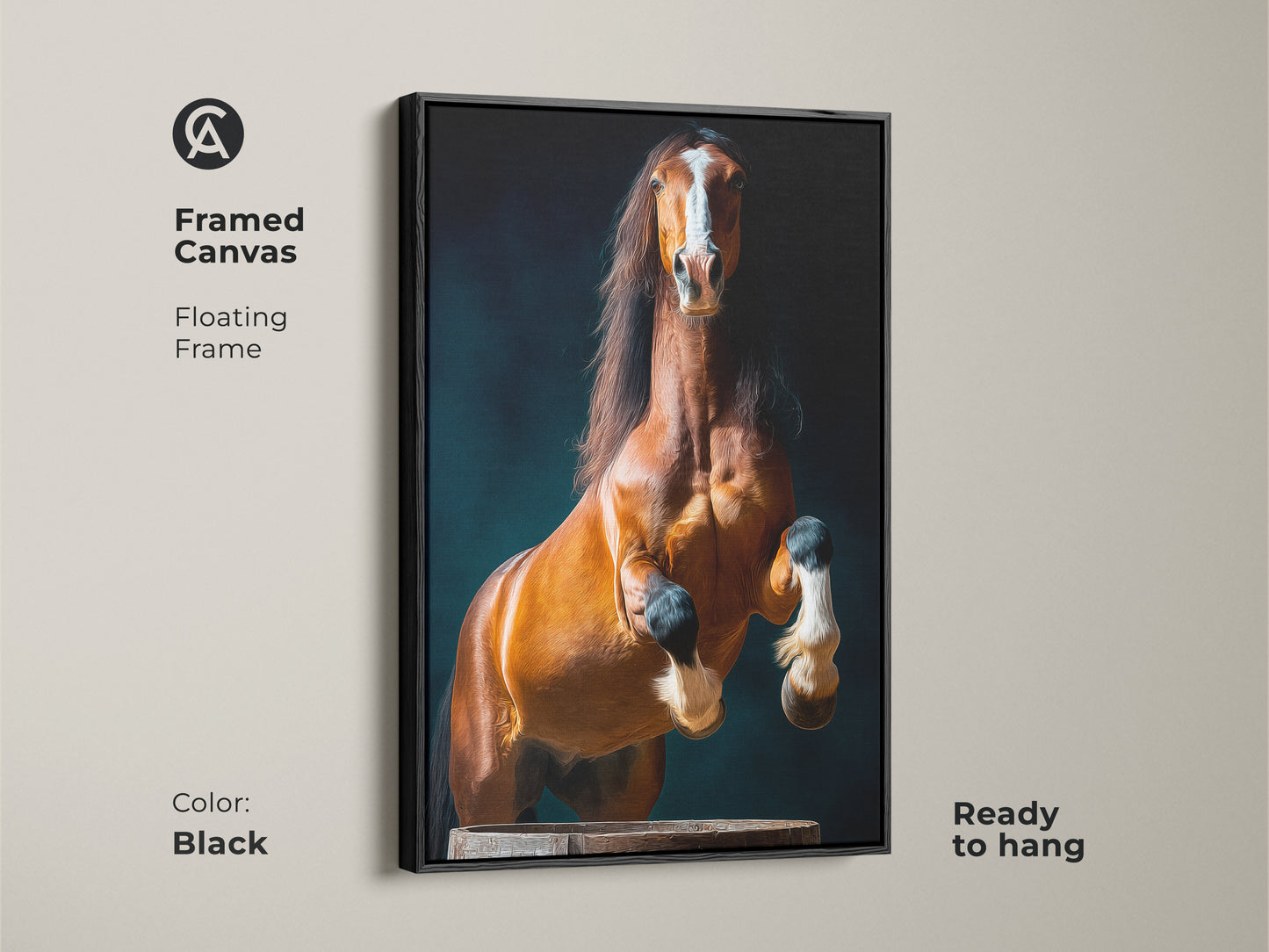 Framed canvas with a black floating frame shows the rearing chestnut horse. It is a dramatic equine art print. Ready to hang. The chestnut stallion canvas is accented with dark blue for a captivating centerpiece.