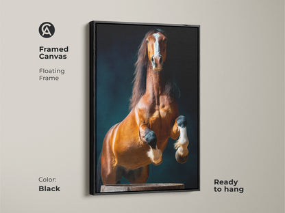 Framed canvas with a black floating frame shows the rearing chestnut horse. It is a dramatic equine art print. Ready to hang. The chestnut stallion canvas is accented with dark blue for a captivating centerpiece.