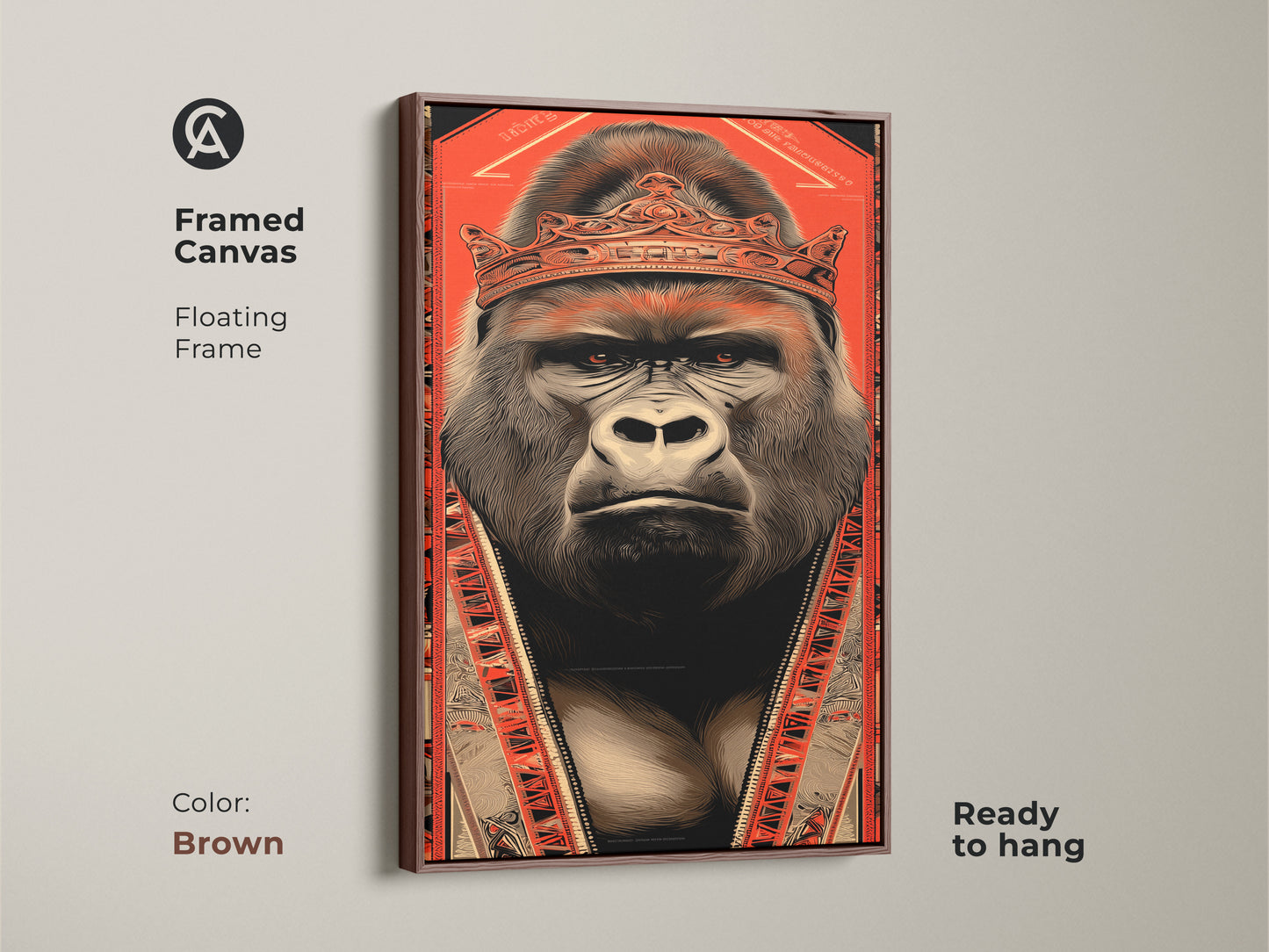 Framed gorilla king artwork in a brown floating frame ready to hang. The canvas print features a regal gorilla with a crown in a bold illustration style. The tribal patterns and orange and black palette add an eclectic feel. A unique statement piece for a study room or creative office.