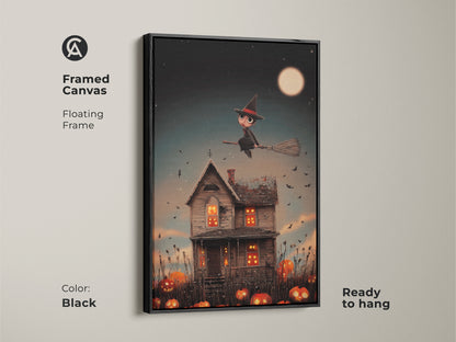 Framed canvas in black shows a Halloween scene. The artwork depicts a cute witch flying over a haunted house with pumpkins. This ready-to-hang fantasy piece adds spooky charm. Perfect for kids' rooms and seasonal decor this black framed canvas completes the look.