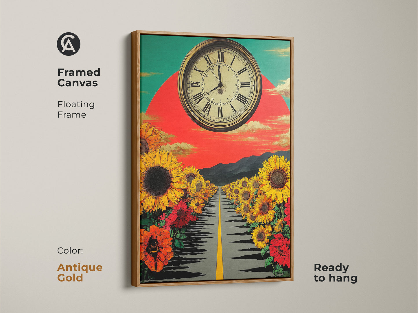 Framed canvas print with an antique gold floating frame. This artwork depicts a surreal sunflower road with a retro clock. The vibrant colors and nature elements create an eclectic look. Ready to hang this eye-catching wall art.