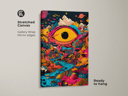 This is a psychedelic stretched canvas print featuring a giant eye overlooking a vivid dreamscape. The gallery wrap and mirror edges offer a modern look. Ready to hang this surreal artwork brings a bold splash of color and cosmic vibes to any room.