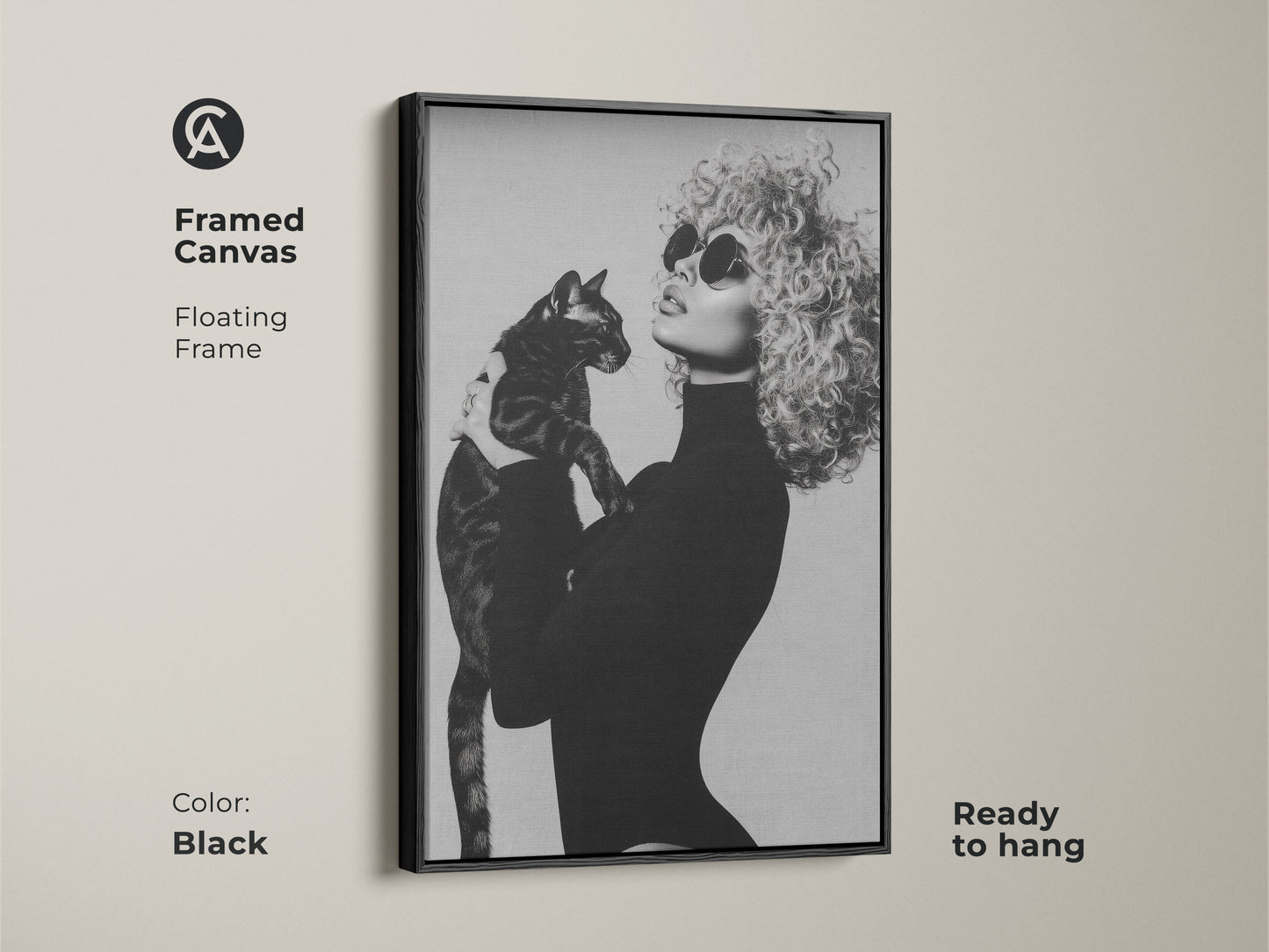 Framed canvas print showcasing a monochrome artwork of a fashionable woman with a cat. This black and white wall decor offers a contemporary glamour to any room. The floating frame adds elegance and this ready-to-hang art is a perfect chic gift for cat moms.