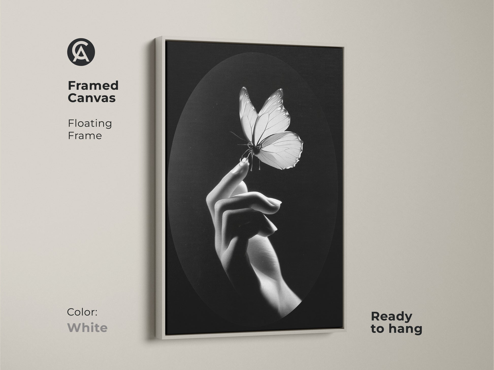 This White framed canvas showcases monochrome butterfly artwork. Its floating frame complements minimalist hand art. Black and white wall decor is ready to hang. It serves as a thoughtful nature lover gift art. A contemporary piece for any bedroom space. The insect macro print elevates elegant home art. A fine art canvas print enhances a minimalist living room. Butterfly wall hanging gives a modern office art touch