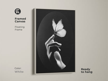 This White framed canvas showcases monochrome butterfly artwork. Its floating frame complements minimalist hand art. Black and white wall decor is ready to hang. It serves as a thoughtful nature lover gift art. A contemporary piece for any bedroom space. The insect macro print elevates elegant home art. A fine art canvas print enhances a minimalist living room. Butterfly wall hanging gives a modern office art touch