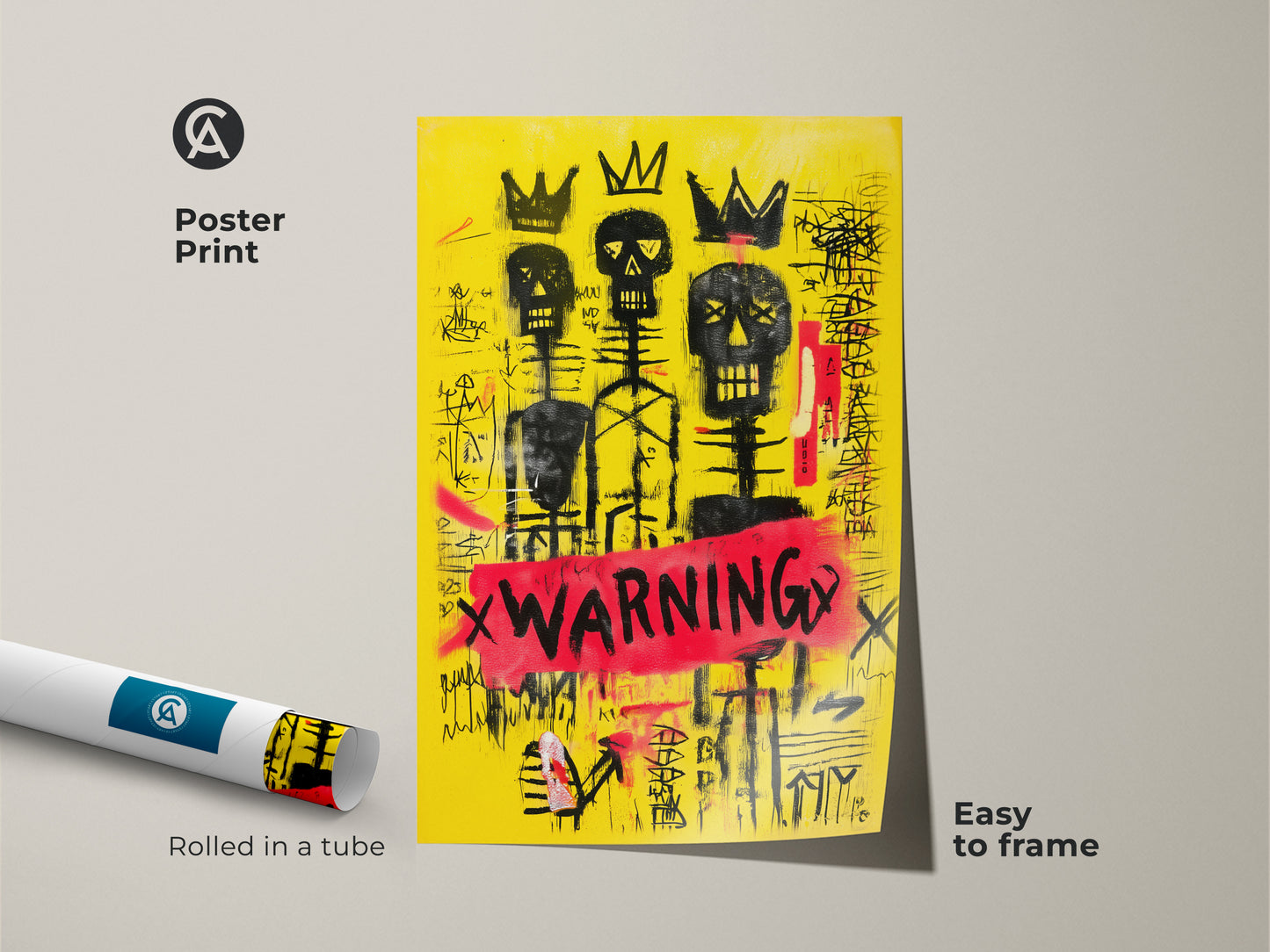 Image of a rolled poster print of a yellow skull wall art. This black crown canvas print is easy to frame. It is a red warning art with graffiti skeleton art. The artwork is abstract neo-expressionism.