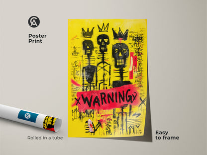 Image of a rolled poster print of a yellow skull wall art. This black crown canvas print is easy to frame. It is a red warning art with graffiti skeleton art. The artwork is abstract neo-expressionism.