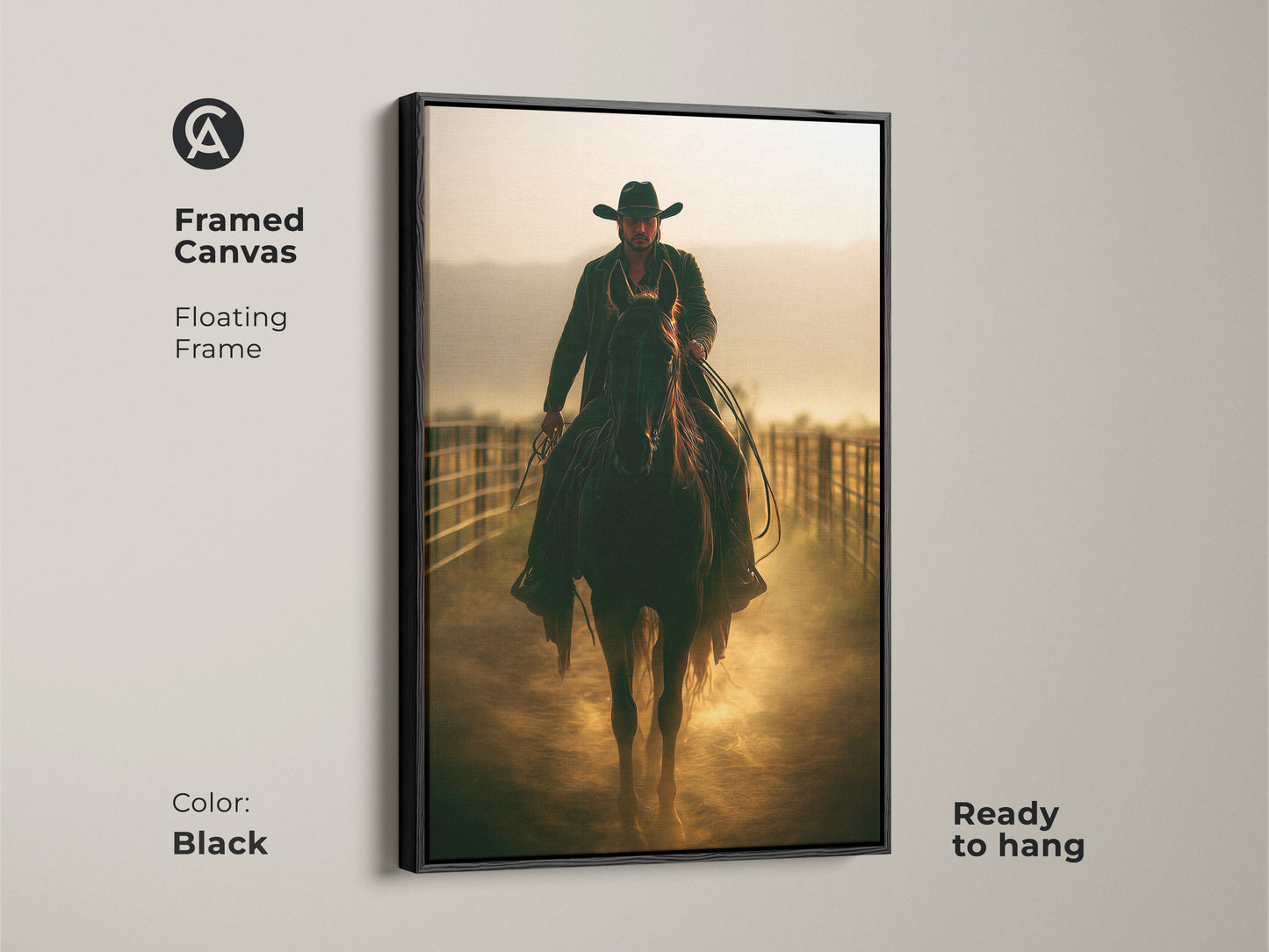 Framed canvas featuring a Cowboy on Horseback. The black floating frame enhances the rustic artwork. Ready to hang. Ideal for a man cave or study room. This cinematic Western scene is a great gift for fans of vintage Western decor.