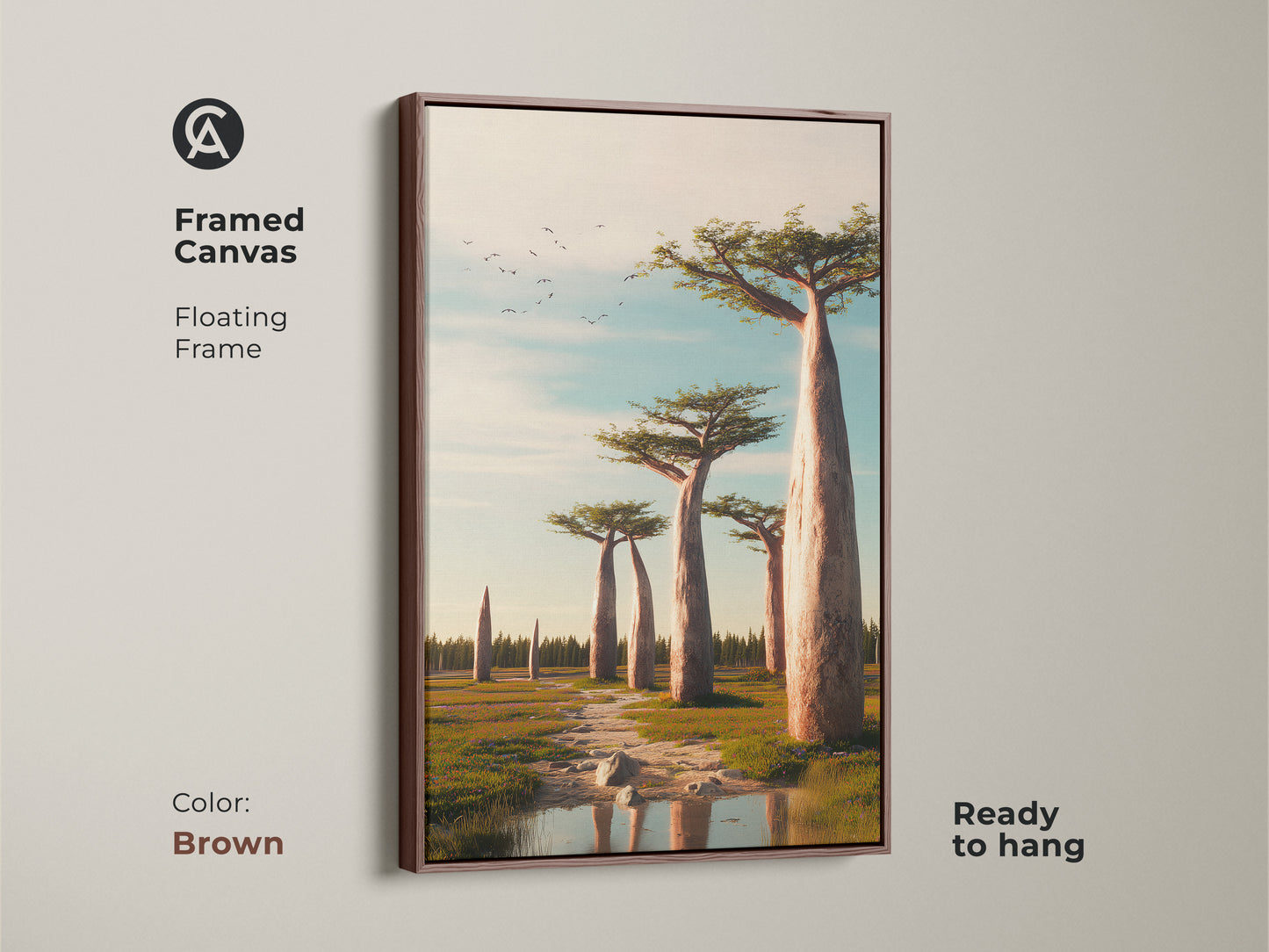 Brown framed canvas featuring realistic Baobab trees. This African savanna landscape wall art uses earth tones and sky blue. Ideal for living rooms or bedrooms. The floating frame is ready to hang.