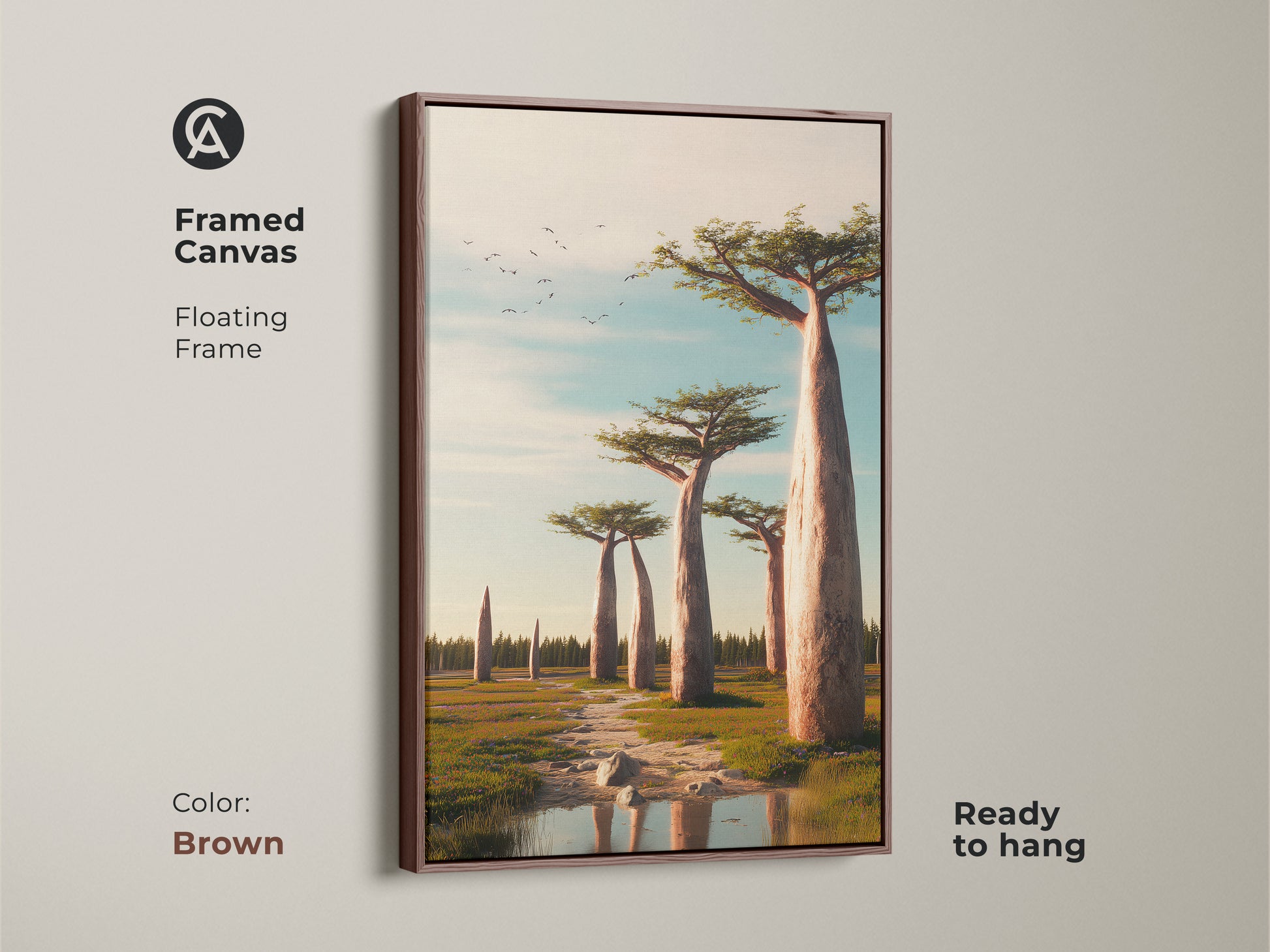 Brown framed canvas featuring realistic Baobab trees. This African savanna landscape wall art uses earth tones and sky blue. Ideal for living rooms or bedrooms. The floating frame is ready to hang.